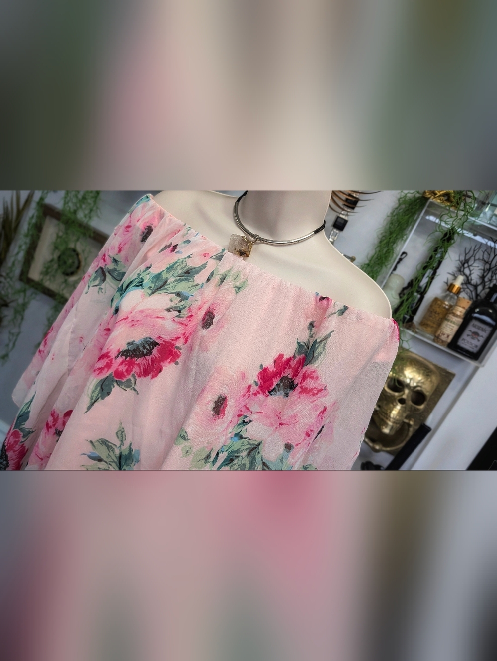 Limite' Pink Floral Sheer Batwing Blouse Top LG